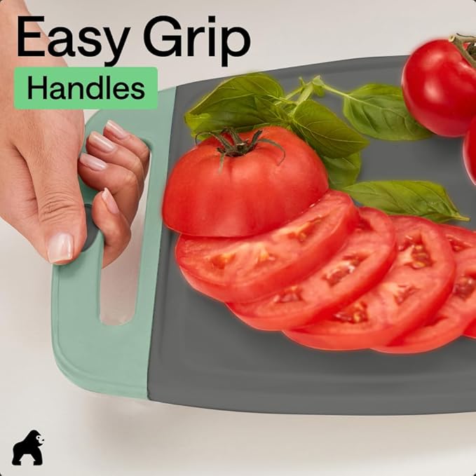 GORILLA GRIP BPA-Free Reversible Kitchen Cutting Board Set of 3, US Designed, Nonporous, Juice Grooves Catch Liquid, Slip Resistant Border, Dishwasher Safe, Durable Food Chopping Boards, Gray Mint