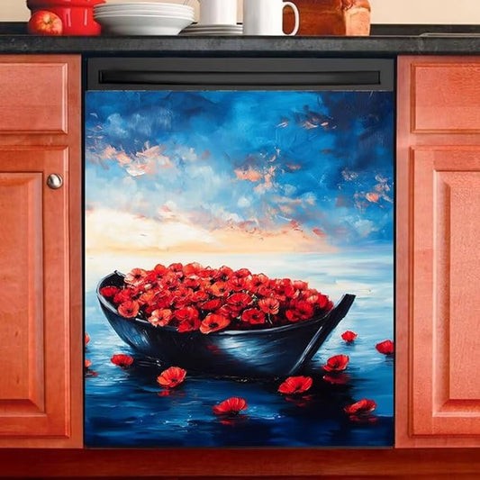 Dishwasher Magnet Cover, Red Poppies in Boat on Blue Ocean Refrigerator Magnetic Vinyl Sticker for Dishwasher Door, Metal Horse Decorative Kitchen Appliance Panel Decal, 23Wx26H Inches