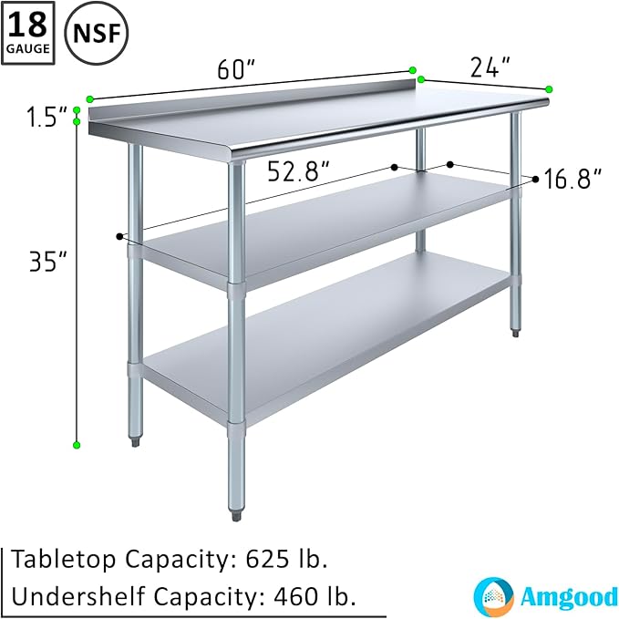AmGood Stainless Steel Work Table with 1.5" Backsplash and 2 Shelves | NSF (60" Long x 24" Deep)