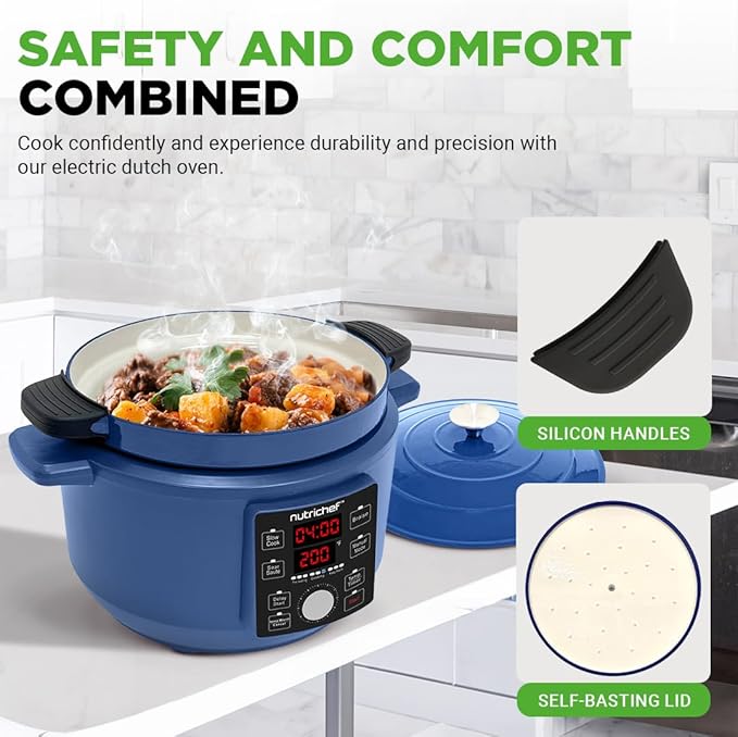 Nutrichef 6 Quart Electric Dutch Oven | 1500W 5-in-1 Enamel Coated Cast Iron Pot with Stainless Steel Lid | Precise Temperature Control | Includes 2 Silicone Pot Holders & Heat Resistant Pad | Blue