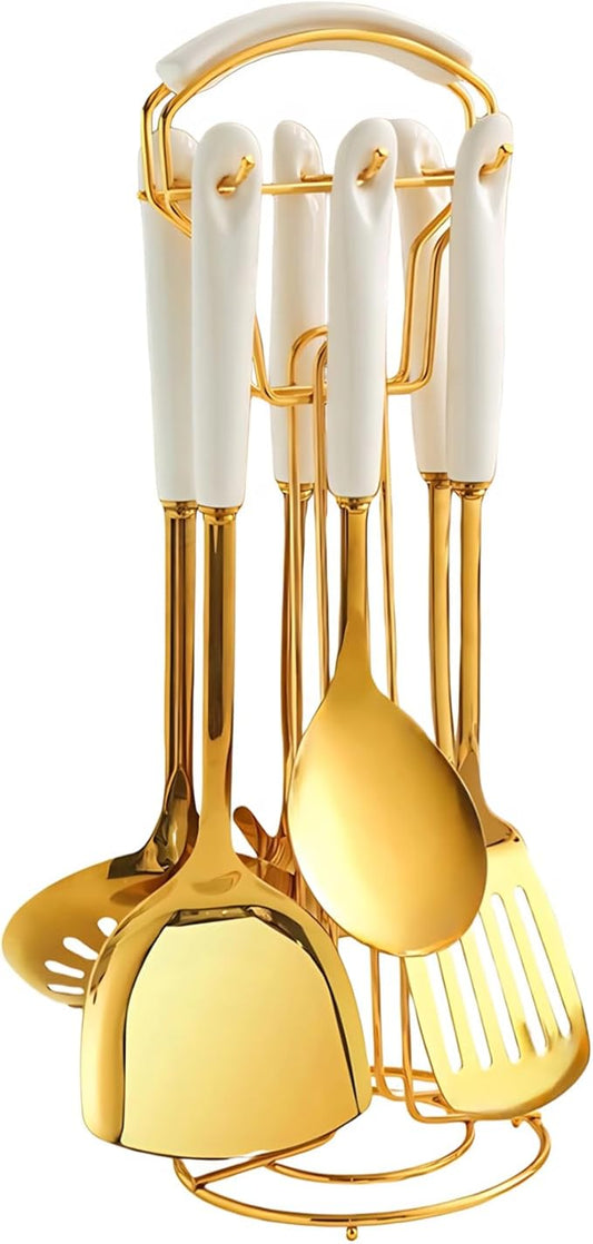Novellus Stainless Steel Gold Kitchen Utensils Set with Holder, 7pcs Kitchen Accessories for Cooking Includes Soup Ladle, Metal Spatula, Slotted Spoon, Slotted Spatula, Pasta Spoon, White & Gold