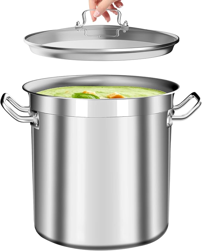 Large Stock Pot 20 Quart - Commercial Grade Soup Pot With Glass Lid - Nickel Free Stainless Steel Cookware - Healthy Polished Stockpots - Heavy Duty Induction Pots