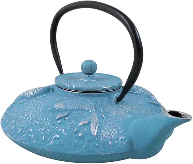 Ebros Gift Traditional Oriental Tetsubin Cast Iron Teapot With Enameled Interior 27oz Asian Japanese Chinese Fusion Housewarming Tea Pot Accent (Turquoise Blue Auspicious Koi Fishes)