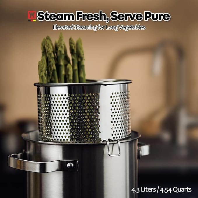 Premium Stainless Steel Asparagus Steamer Pot or Spaghetti Pasta Stovetop Cooker with Perforated Steamer Basket, Tall & Large Size, Versatile Cookware, 3-Ply Base(4.3Liters/1.14Gals)