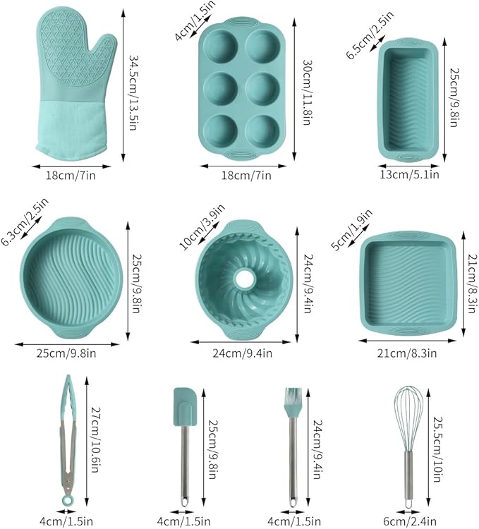 10in1 Nonstick Silicone Baking Cake Pan Cookie Sheet Molds Tray Set for Oven, BPA Free Heat Resistant Bakeware Suppliers Tools Kit for Muffin Loaf Bread Pizza Cheesecake Cupcake Pie Utensil (Blue)