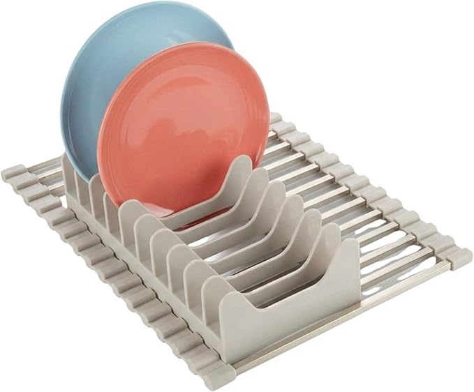 Roll Up Dish Drying Rack Over Sink, Square Aluminum Bar, Rust Resistant Anodized Frame, Removable Dish Holder, Space Saving for Small Kitchen & Apartment (Beige, Small)
