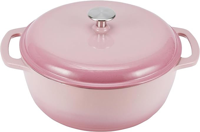 Amazon Basics Enameled Cast Iron Dutch Oven Pot with Lid, Round, Dual Handles, Heavy-Duty, Oven Safe for Stews, Roasting, Baking, 6-Quart, Light Pink