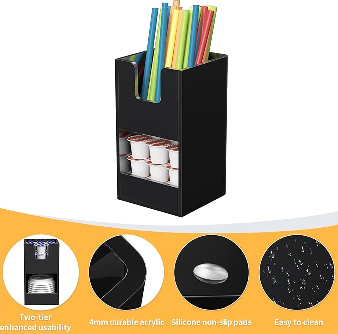 Coffee Condiment and Cup Organizer - 2-Tier Upright Cup and Lid Holder with Straw Organizer 2 Compartments Black Acrylic Cup Dispenser for Restaurant Breakroom Coffee Station Countertop
