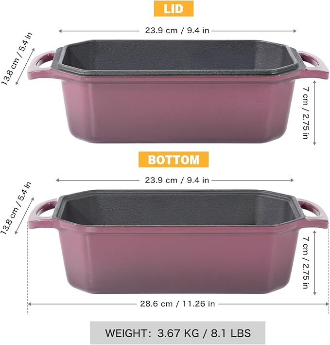 Bread Pan Cast Iron Loaf Pan with Lid Bread Loaf Pan 8.5x4.5 Inch Loaf Pan Enameled Cast Iron Sourdough Loaf Pan, Magenta