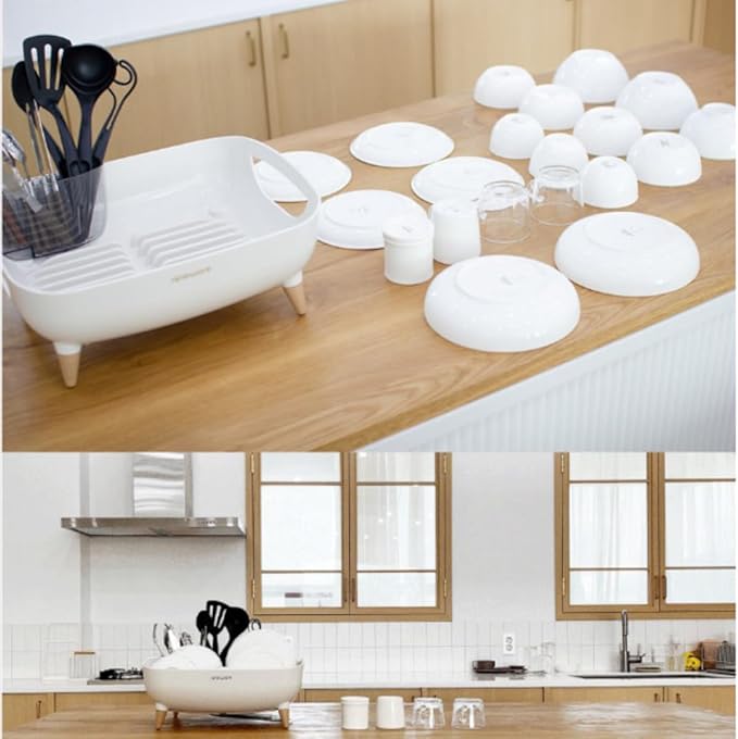 Wide Volume Dish Drying Rack with Removable Utensil Holder, Large Capacity Kitchen Counter Organizer, 360° Swivel Water Drain Spout, Sleek Design, Made in Korea (Cream White)