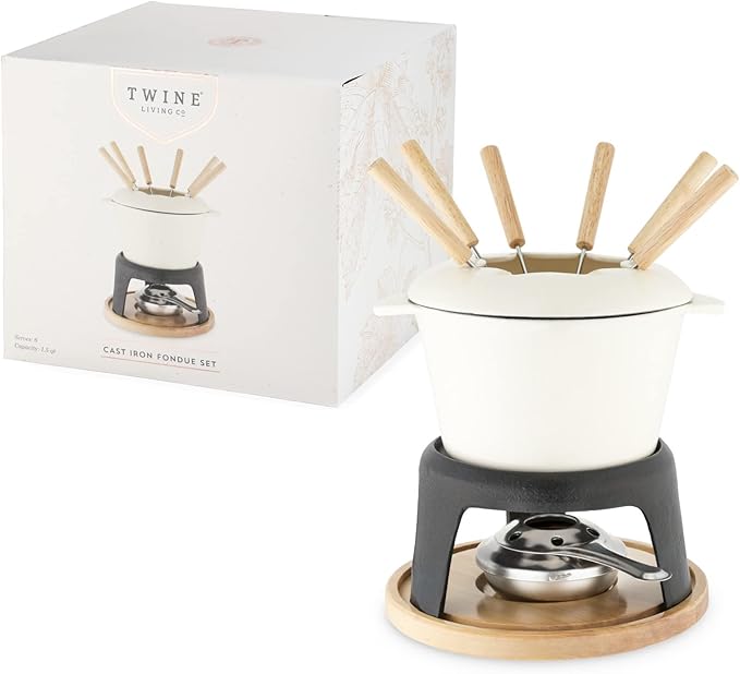 Twine Cast Iron Fondue Set with Metal Stand and Forks, Chocolate Melting Pot, Cheese Fondue Kit Set, Hosting Essentials 8.5", Off-Cream