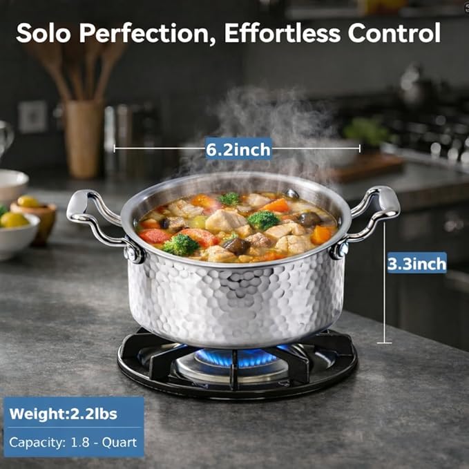 Tri-Ply Stainless Steel Stock Pot,1.8 Quart Sauce Pan with Lid, Induction Pasta Pot for Soup, Gravies & Oatmeal, Fast Even Heating, 18/8 Interior, Oven & Dishwasher Safe, Double Loop Handles