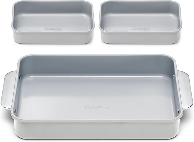 Caraway Nonstick Rectangle Baking Pan Set – 2x 9" x 6.5" & 1x 9" x 13" - Non-Toxic, PTFE & PFOA Free – Aluminized Steel Core – Deep Ceramic Baking Pan for Casseroles, Lasagna & More - Gray