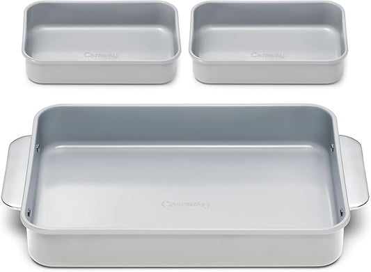 Caraway Nonstick Rectangle Baking Pan Set – 2x 9" x 6.5" & 1x 9" x 13" - Non-Toxic, PTFE & PFOA Free – Aluminized Steel Core – Deep Ceramic Baking Pan for Casseroles, Lasagna & More - Gray