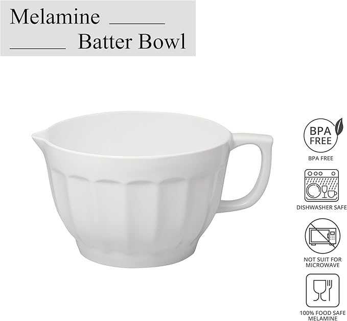 UP Latte Style Melamine Batter Bowl with Pour Spout, Handle and Non-Slip Base, Grip Handle for Easy Mix and Pour, Home Essentials Cooking and Baking Tools, 4.3 quart, 11.5 x 8.75 Inch, White