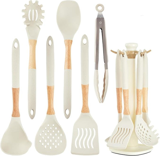 Kitchen Utensils Set - 7 PCS Non-Stick Silicone Cooking Utensils Set Spatula Set with Holder, Wooden Handle Spoon,Tongs,Whisk Kitchen Gadgets Tools Set for Nonstick Cookware (Cream White-7Max)