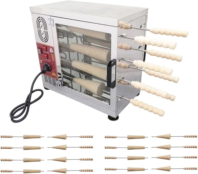 INTBUYING Commercial Electric Ice Cream Cone and Chimney Cake Roll Maker, 8-Station Baking Oven with 16 Interchangeable Dies, 110V 3200W Toasting Oven for Chimney Cake and Bread Rolls, NO Plug