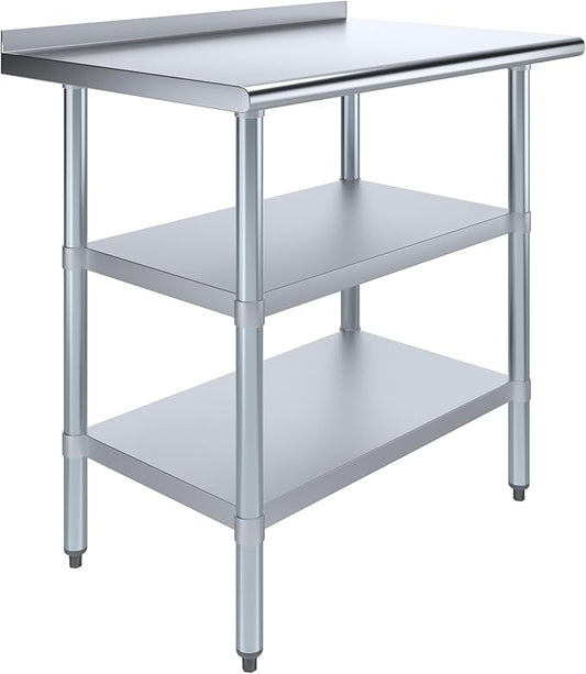 AmGood Stainless Steel Work Table with 1.5" Backsplash and 2 Shelves | Metal Kitchen Food Prep Table | NSF (36" Long x 24" Deep)