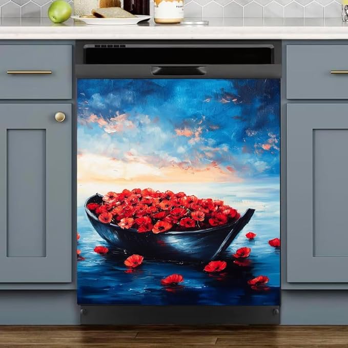 Dishwasher Magnet Cover, Red Poppies in Boat on Blue Ocean Refrigerator Magnetic Vinyl Sticker for Dishwasher Door, Metal Horse Decorative Kitchen Appliance Panel Decal, 23Wx26H Inches
