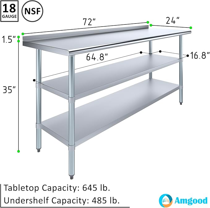AmGood Stainless Steel Work Table with 1.5" Backsplash and 2 Shelves | Metal Kitchen Food Prep Table | NSF (72" Long x 24" Deep)