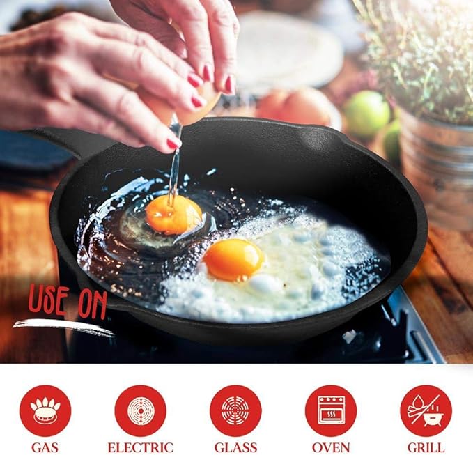 NutriChef Pre-Seasoned Cast Iron Skillets - 3 Pieces Cast Iron Cookware Set w/Drip Spout and Scraper - Compatible with Induction, Electric Stovetop, Gas, & Ceramic - NCCI76