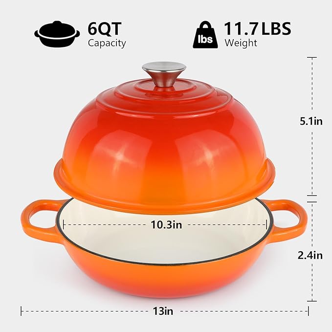 6QT Bread Dutch Oven Pot with Lid, Enameled Cast Iron Dutch Oven for Sourdough Bread Baking, Roasting, Stewing and Soup, Non-Stick Enamel Cookware for Oven/Stovetop, Perfect for Homemade Bread, Orange