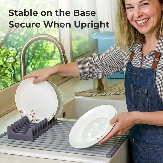 Aluminum Roll Up Dish Drying Rack Over Sink - Supports up to 55 lbs | Heavy Duty Square Bar | Rust-Free Anodized & Heat Resistant Cooling Rack with Removable Dish Holder (Purple Gray, Medium)