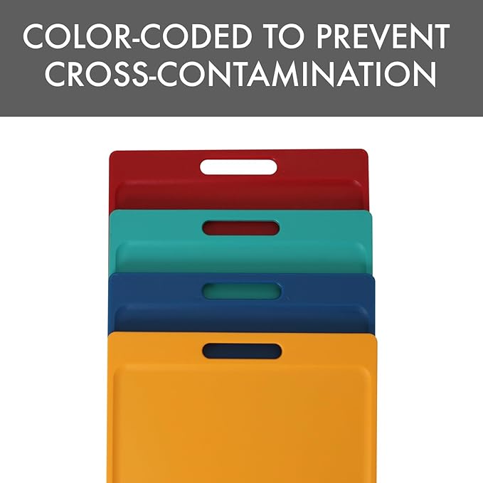 Dexas 4-Pack NSF Certified Polysafe Cutting Boards with Handle, 11 x 14.5 Inches, Reversible Kitchen Cutting Board, Assorted Colors