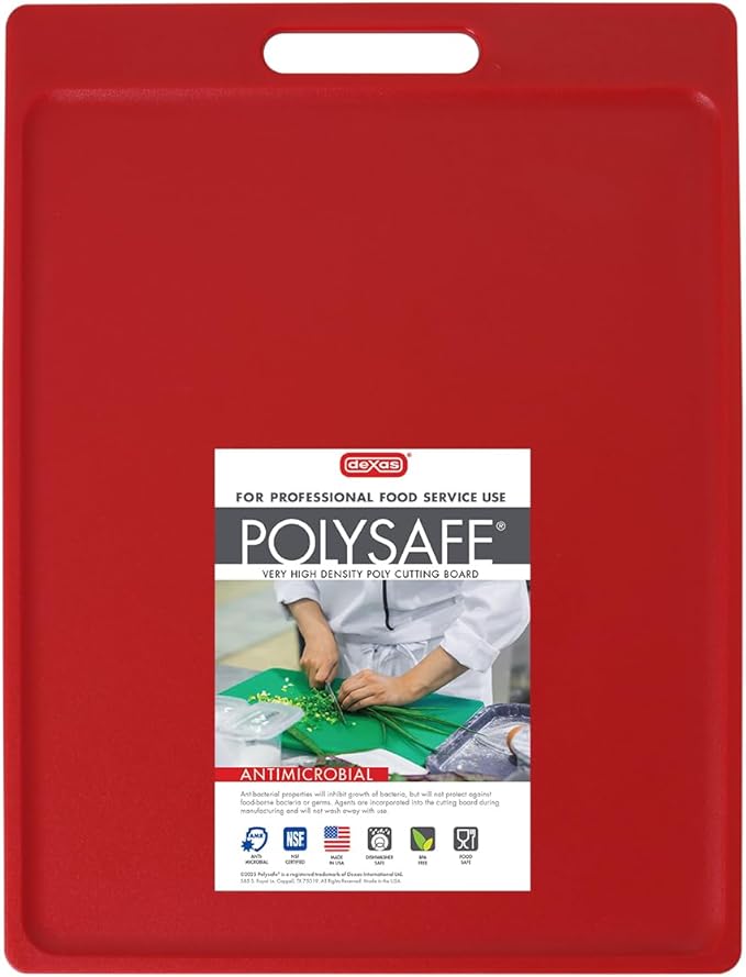 Dexas NSF Certified Polysafe Cutting Board with Handle, 11 x 14.5 Inches, Reversible Kitchen Cutting Board, Red