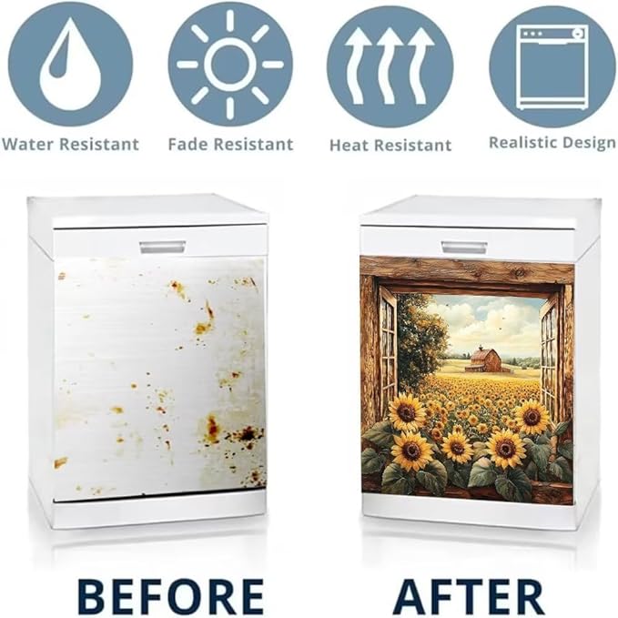 Rustic Barn Window View Dishwasher Magnet Cover,Sunflower Field Refrigerator Magnetic Vinyl Sticker for Dishwasher Door, Vintage Wood Kitchen Appliance Panel Decal, 23Wx26H Inches