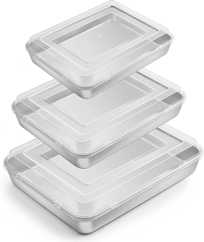 E-far Baking Pan with Lid(12.4/10.4/9.4 inch), Stainless Steel Rectangular Sheet Cake Pans with Cover, Metal Bakeware Sets for Lasagna Casseroles Brownie, Non-toxic & Dishwasher Safe - 3 Pans + 3 Lids