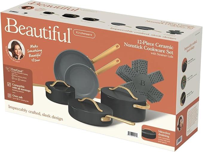 Pans 12pc Ceramic Non-Stick Cookware Set by Drew Barrymore, Pots & Pans with Lids, Dishwasher‑Safe,Soft‑Touch Handles, Even‑Heat Base. (Black Seaseme)
