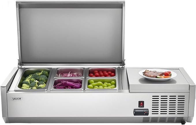 VEVOR Refrigerated Condiment Prep Station, 120 W Countertop Refrigerated Condiment Station, with One 1/3 Pan & Four 1/6 Pans, 304 Stainless Body and PC Lid, Sandwich Prep Table with Stainless Guard