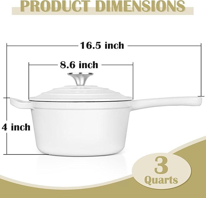 E-far Enameled Cast Iron Sauce Pan, 3 Quart Dutch Oven Saucepan with Lid, Small Sauce Pot for Cooking, Boiling, Healthy & Non Toxic, Induction & Oven Safe, White