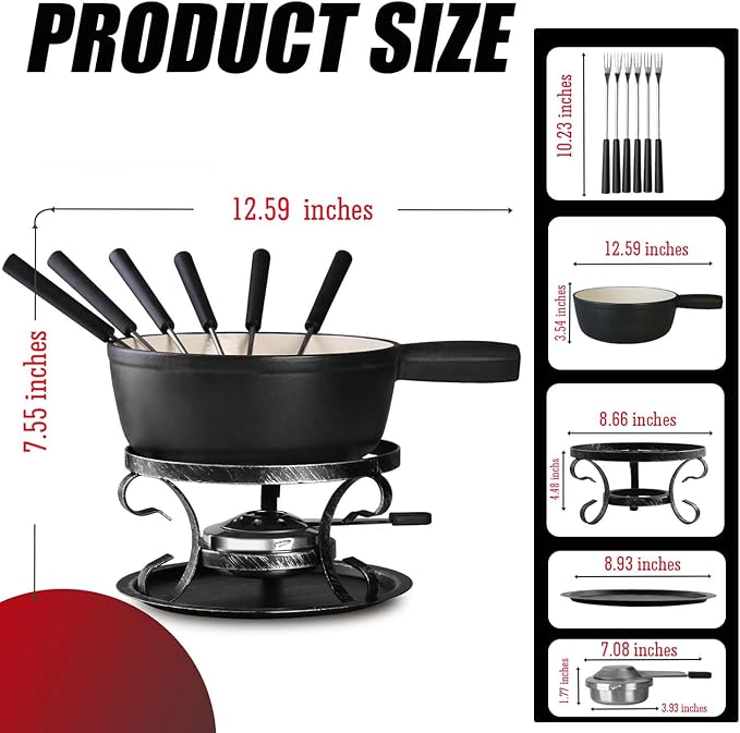 Artestia Cast Iron Fondue Pot Set for Cheese & Chocolate, Fondue Set for 6 with Burner & 6 Forks, Swiss Fondue Pot for Party, Family & Gift, Black