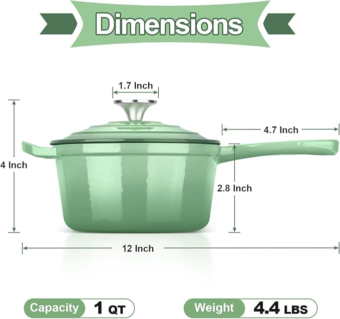 HaSteeL 1 QT Cast Iron Enamel Saucepan - Green