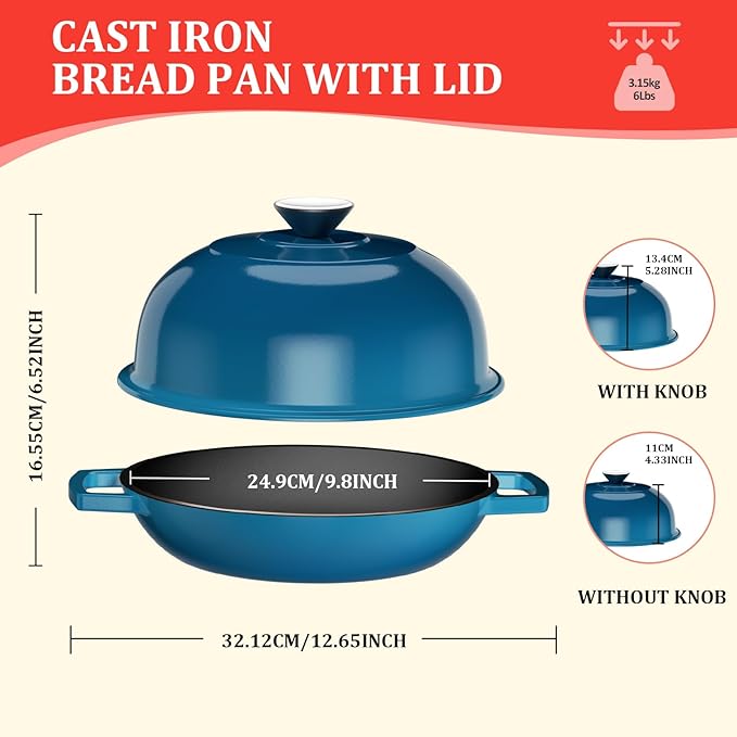 YUTANN Cast Iron Bread Baking Pot - 5QT Enameled Dutch Oven with Cloche Lid,for Sourdough & Artisan Bread,Jewel Blue