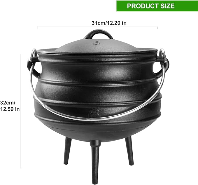 14QT Cast Iron Cauldron with Lid Heavy Duty Tripod Cookware Metal Handle Pre Seasoned South African Style Campfire Pot for Outdoor