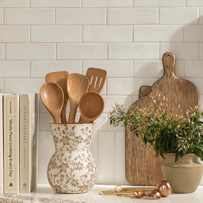 JIEMEI HOME Kitchen Utensil Holder, 7.56" Ceramic Large Rustic Utensil Crock for Countertop, Farmhouse Cooking Tool Organizer, Spatula Holder For Kitchen Decor, Brown Floral