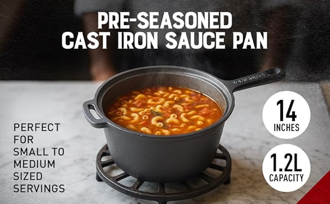 Kanka Grill 14" Cast Iron Sauce Pan with Lid – Pre-Seasoned Deep Cooking Pot for Indoor & Outdoor Grill, Stir Fry, Broth, Frying Nonstick Gourmet Cookware with Silicone Handle & Scraper – Black