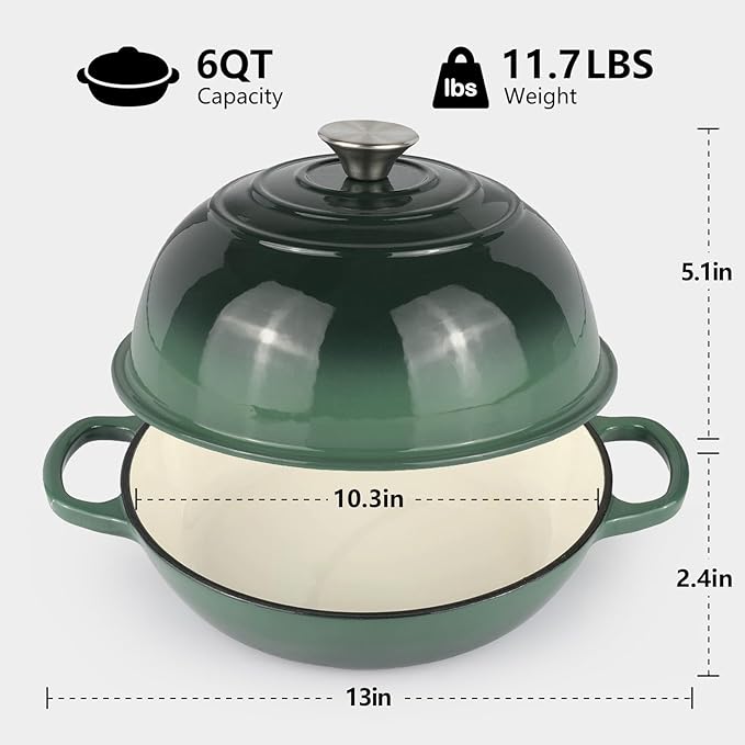 6QT Bread Dutch Oven Pot with Lid, Enameled Cast Iron Dutch Oven for Sourdough Bread Baking, Roasting, Stewing and Soup, Non-Stick Enamel Cookware for Oven/Stovetop, Perfect for Homemade Bread, Green