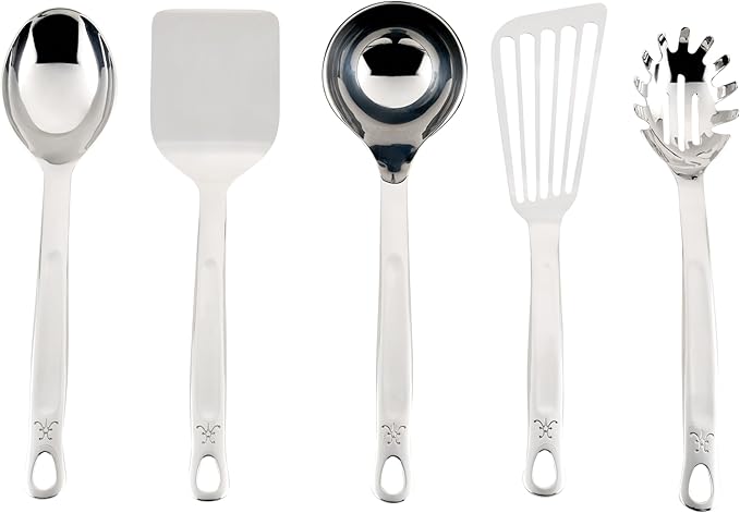Hestan Provisions Chef's Tools, Essential Set (5-Piece), Stainless Steel Solid Spoon, Ladle, Pasta Fork, Turner/Spatula, Fish Spatula