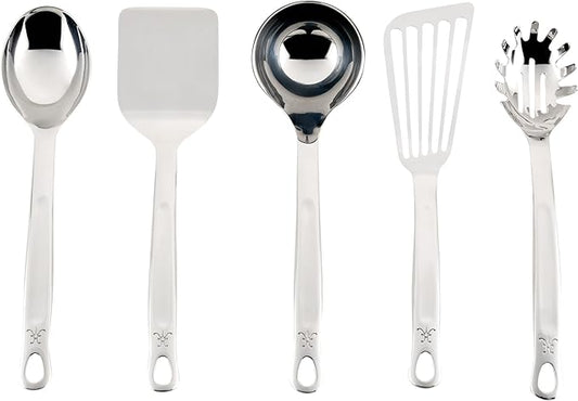Hestan Provisions Chef's Tools, Essential Set (5-Piece), Stainless Steel Solid Spoon, Ladle, Pasta Fork, Turner/Spatula, Fish Spatula