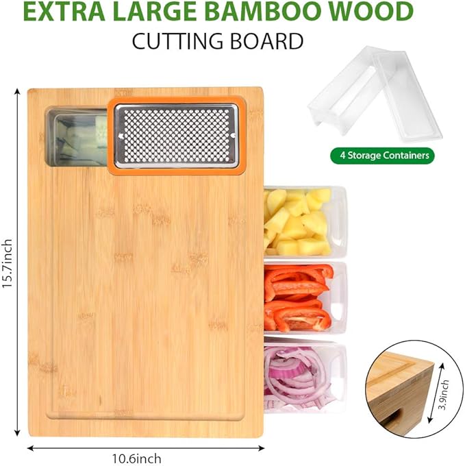Bamboo Cutting Board with Containers, Lids, and Graters, Large Wood Cutting Board with Containers, Food Dropping Zone, Carving Board with Easy-grip Handle, Juice Groove