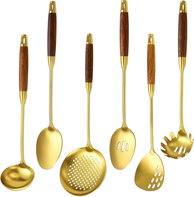 18/10 Stainless Steel Kitchen Utensils Set with Wood Handle Metal Cooking Utensils Set, 6-Piece - Spatula, Spoon, Ladle, Skimmer, Slotted Spoon, Pasta