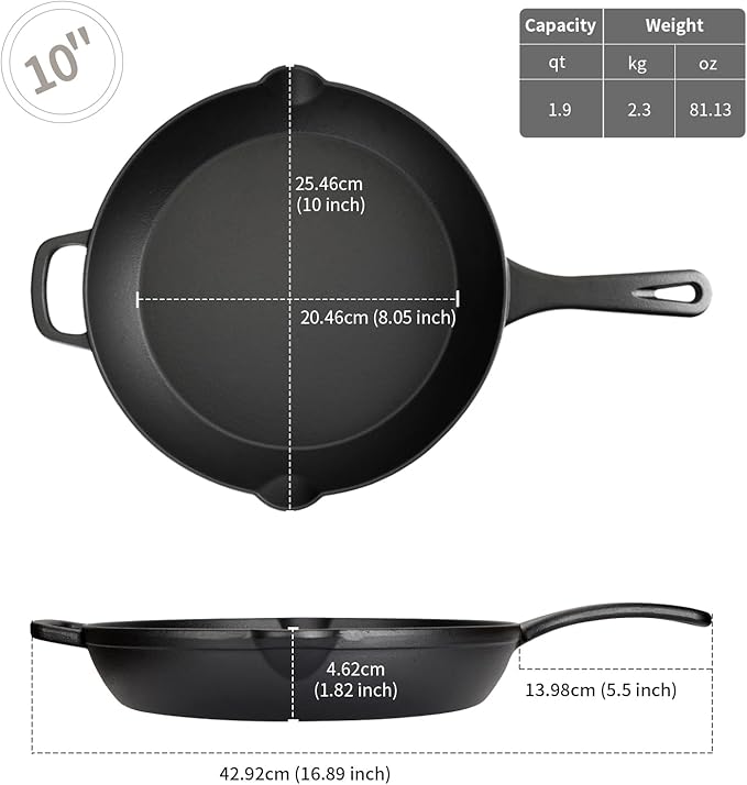 10 Inch Cast Iron Skillet – Pre-Seasoned Frying Pan for Holiday Cooking, Heavy-Duty Oven Safe Cookware for Home Kitchen & Outdoor Use