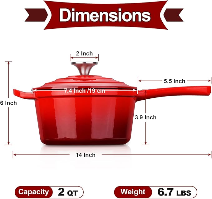 HaSteeL 2 QT Cast Iron Saucepan, Mini Enamel Dutch Oven with Lid, Small Non Stick Pan for Milk, Pasta Tomato Sauce, Butter, Breakfast, Soup, Suitable for Boiling Stewing Frying, Easy to Clean, Red