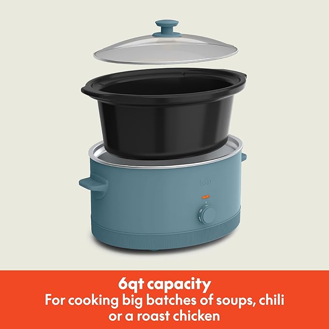 bella 6.0 Qt Manual Slow Cooker, Ceramic Nonstick Coating, 3 Temperature Settings, Dishwasher Safe Stoneware Pot and Tempered Glass Lid, Cool Touch Handles & Tangle Free Cord Wrap, Surf