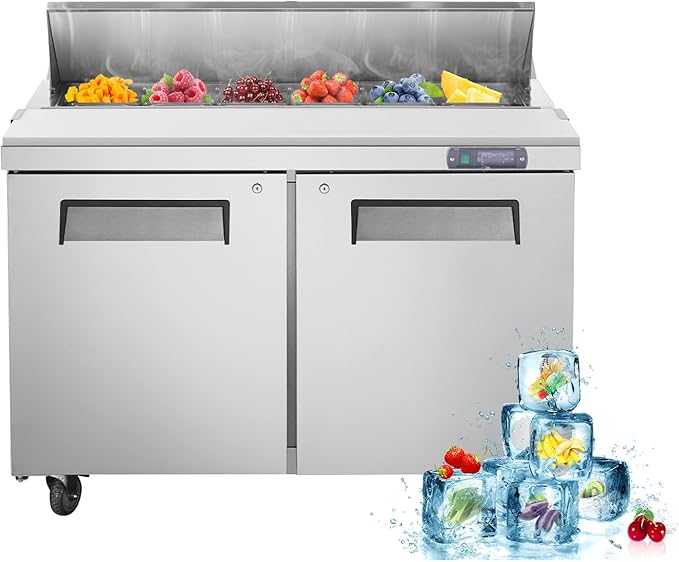 JINSONG 48" Commercial Refrigerator Sandwich Prep Table, 2 Door Salad Bar Buffet Station, Stainless Steel Refrigerated Food Prep Table with Cutting Board & 12 Pans for Restaurant Deli Bar