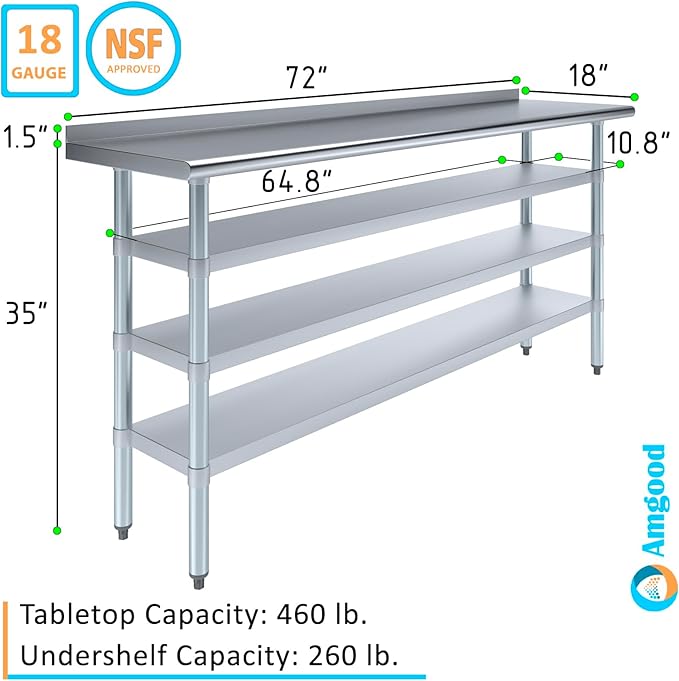 AmGood Stainless Steel Work Table with 1.5" Backsplash and 3 Shelves | Metal Kitchen Food Prep Table | NSF (72" Long x 18" Deep)
